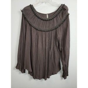Entro Women’s sz med Peasant Top Gauzy Crochet long sleeve brown